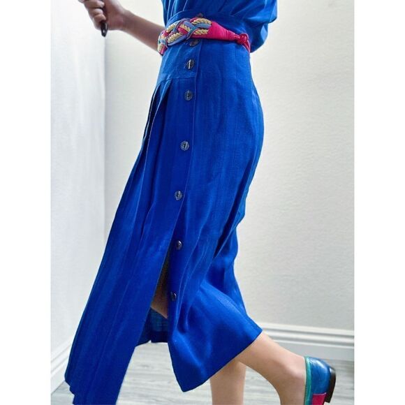 Vintage 80s Michelle Stuart Klein Blue Knitted Pleated Midi Skirt Side Slit Size - Picture 1 of 7
